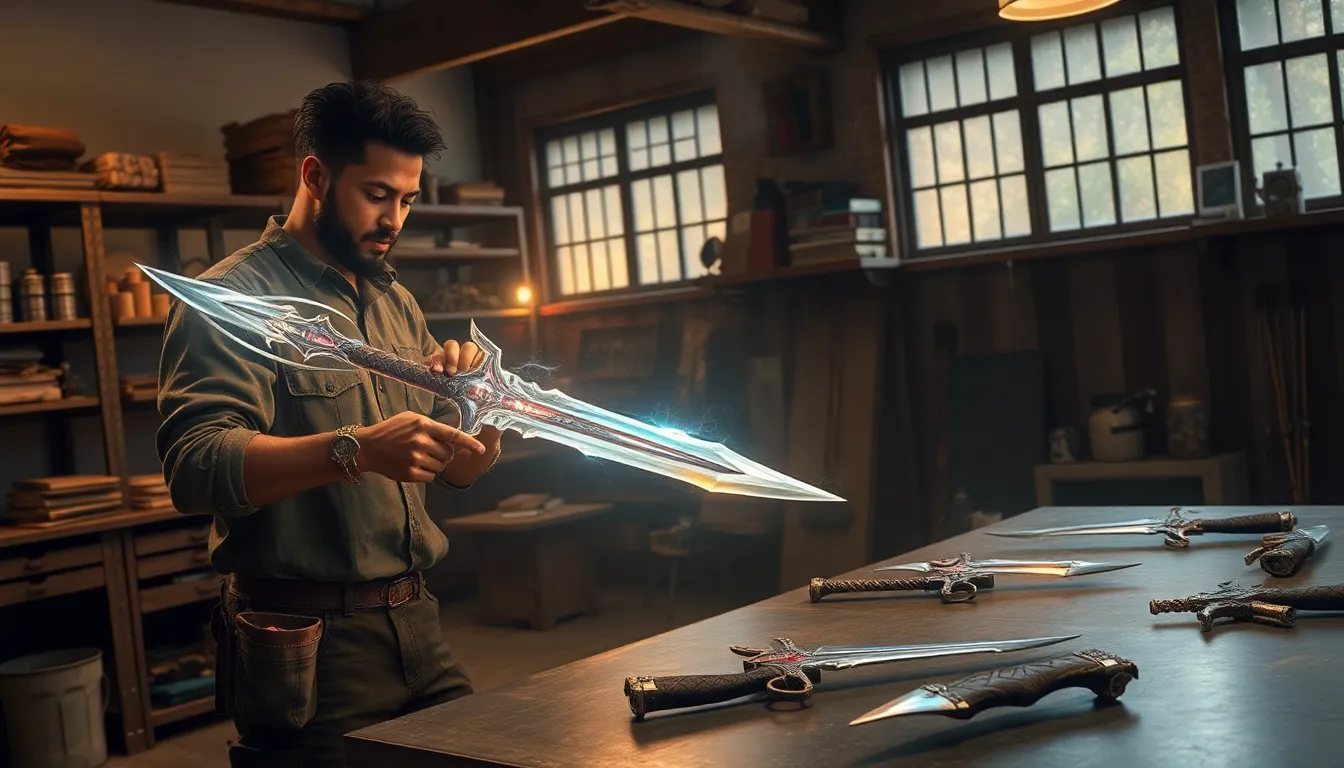artisan crafting glowing weapons from Living Steel in a modern workshop.