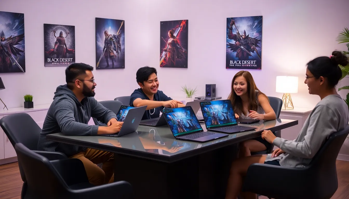 gamers strategizing about Black Desert Online at a modern gaming table.