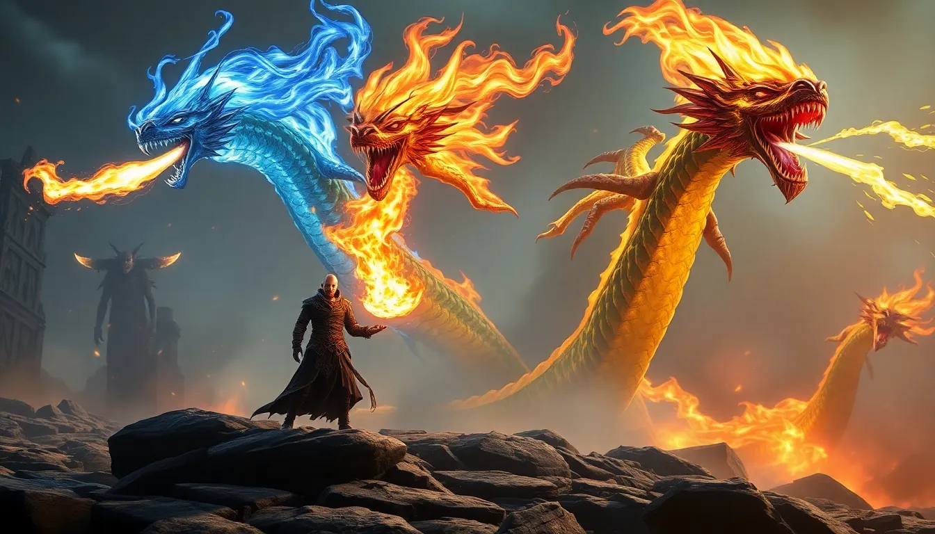 spellcaster commanding elemental hydras in a fantasy battle scene.