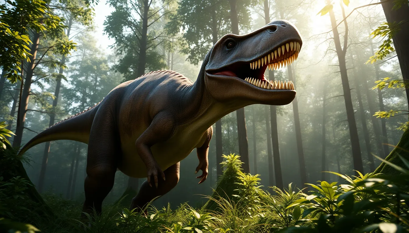 Carcharodontosaurus poised in a lush forest environment.
