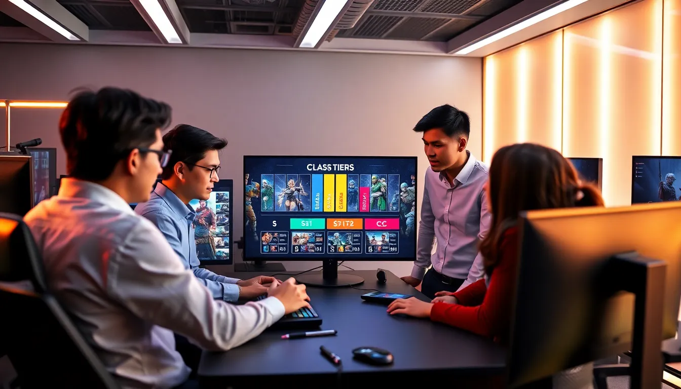 diverse team strategizing class tiers for a video game.