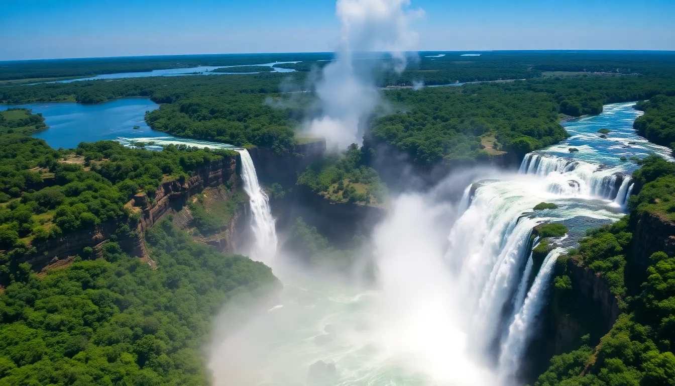 Aerial view of Garganta del Diablo waterfall with lush surrounding rainforest.