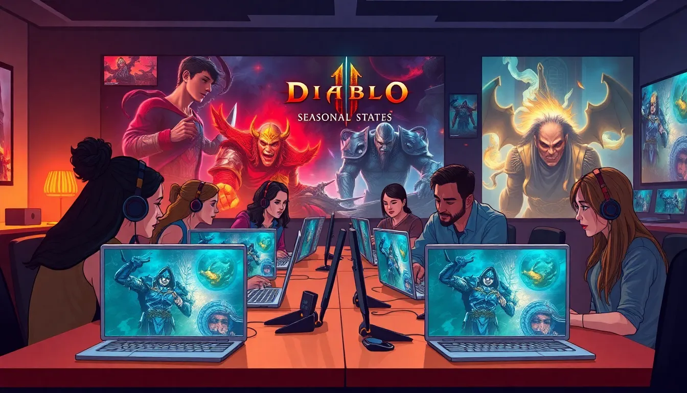 diverse gamers engaged in playing Diablo 4 with modern setups.
