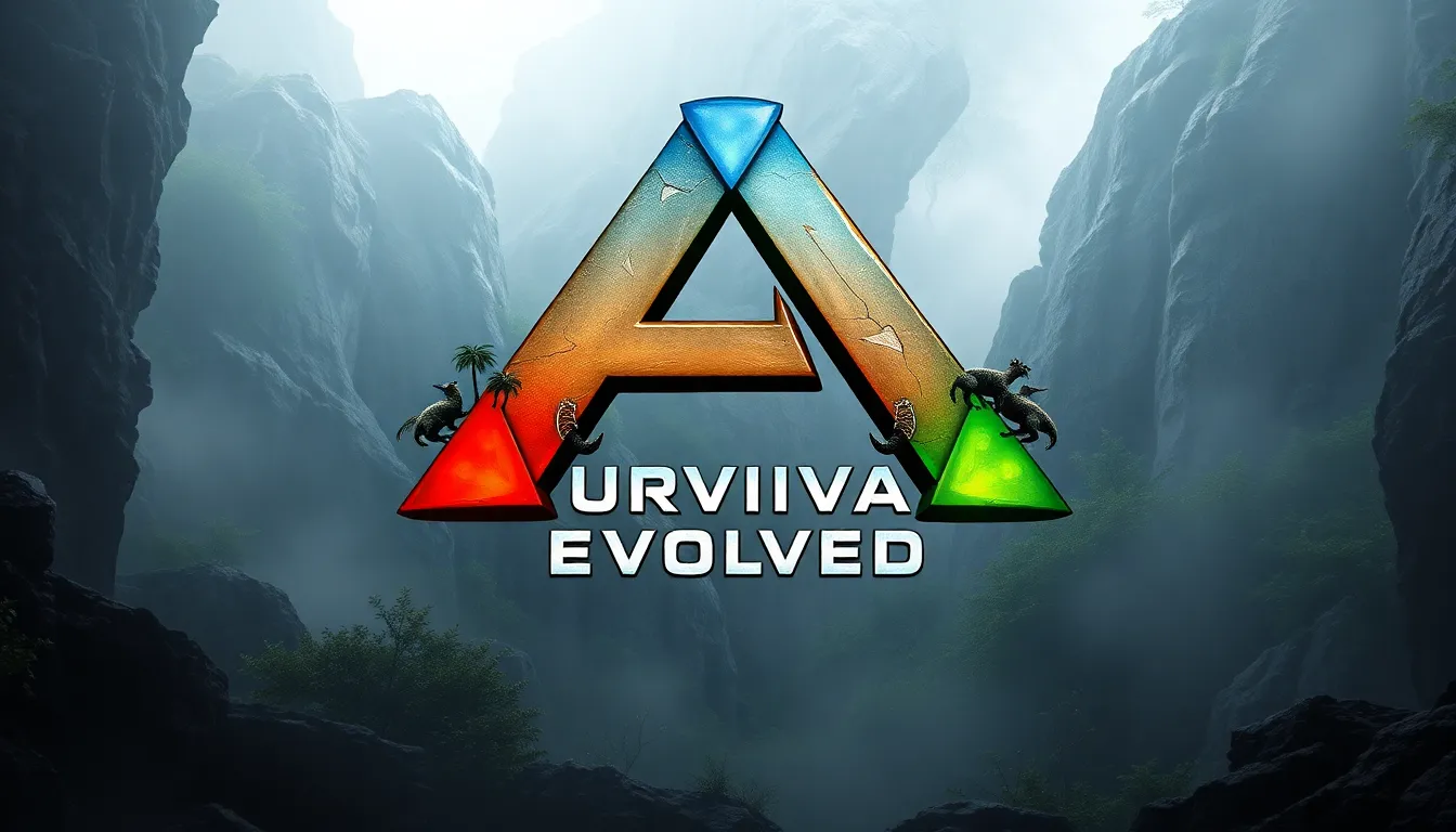 Ark Survival Evolved logo displayed in a rugged natural environment.