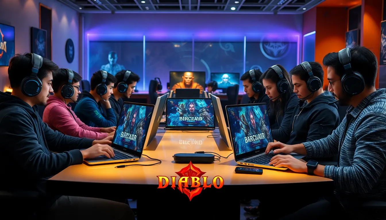 Diverse gamers collaborating on Diablo Immortal builds in a modern setting.