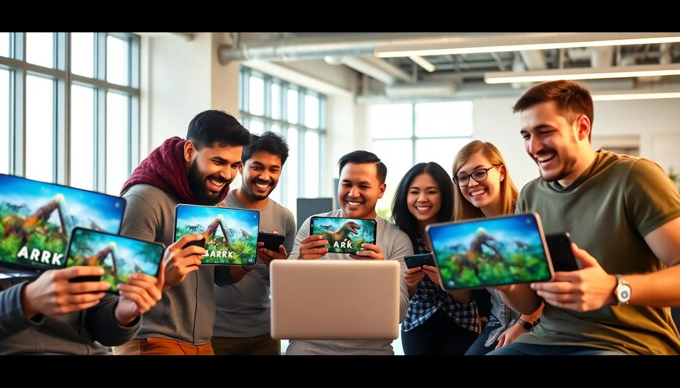 diverse gamers discussing Ark Survival Evolved in a modern office.