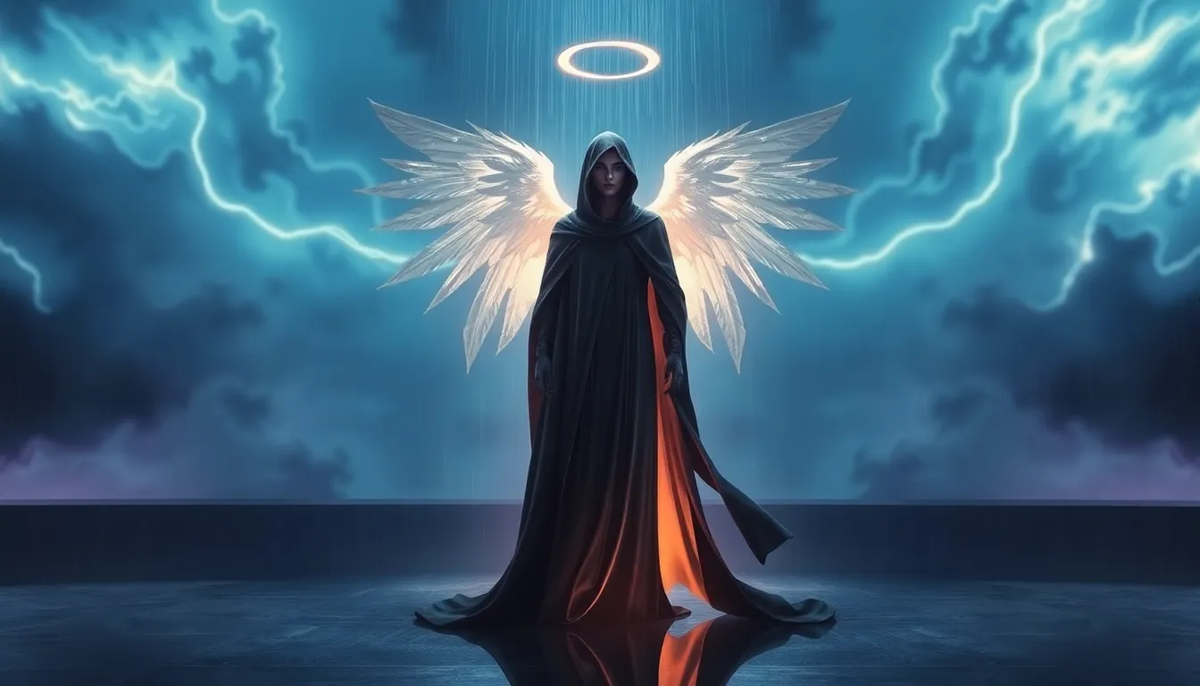 depiction of a mystical being symbolizing duality in a serene environment.